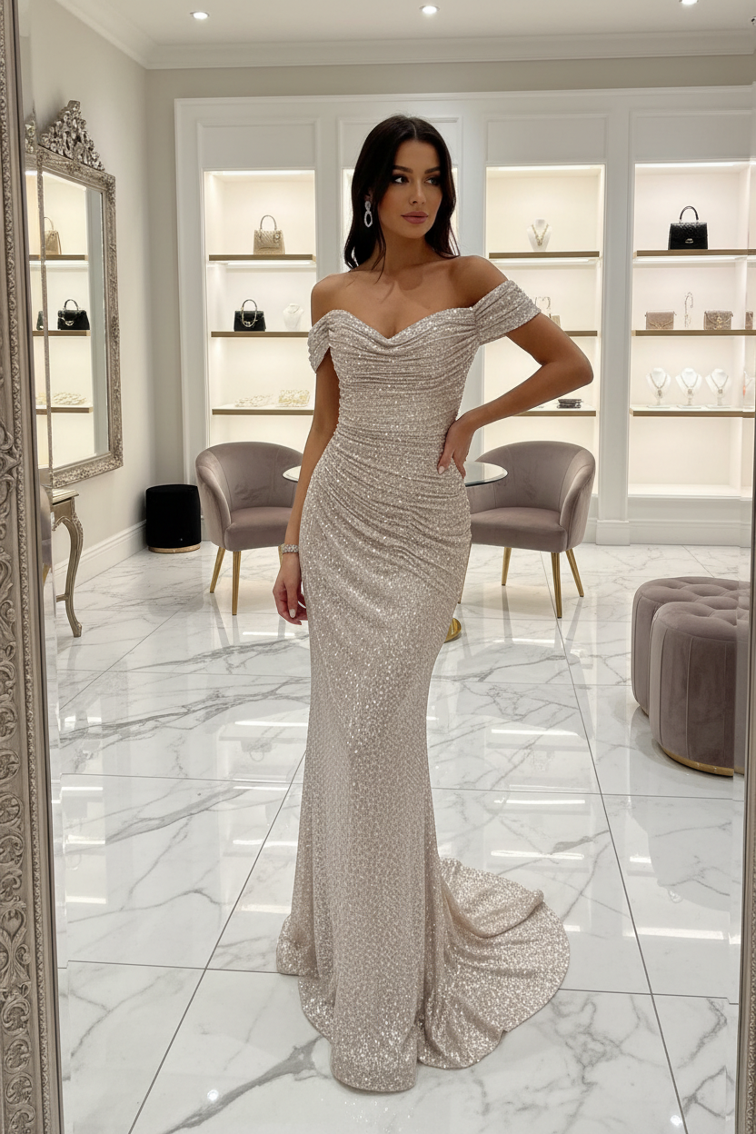 Elegantes schulterfreies Pailletten-Maxikleid für Damen