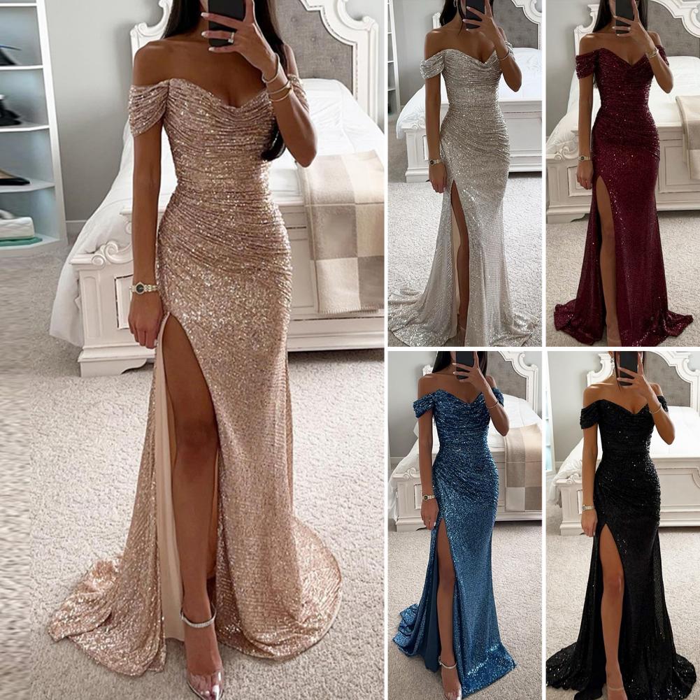 Elegantes schulterfreies Pailletten-Maxikleid für Damen