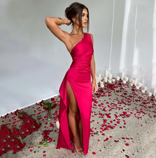 Ok. Satin One-Shoulder Slit Dress